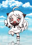  :3 :d absurdres ahoge chibi day full_body highres horns kantai_collection long_hair looking_at_viewer mittens northern_ocean_hime ocean open_mouth outstretched_arms pale_skin red_eyes ron_(hengyep) shinkaisei-kan sky smile solo spread_arms standing standing_on_one_leg white_hair 