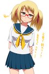  1girl annoyed aqua_eyes blonde_hair flat_gaze frown glasses hair_ribbon hayashi_custom looking_at_viewer original pleated_skirt red-framed_glasses ribbon school_uniform senjugiku_tabane serafuku short_hair simple_background skirt solo standing translation_request twintails white_background 