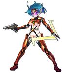  ahoge armor blue_eyes blue_hair breasts covered_nipples full_body gloves gun handgun hayami_yuujirou highres navel pistol revealing_clothes robot_ears science_fiction short_hair simple_background skindentation solo tentacles_tactics underboob visor weapon white_background 