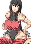  antenna_hair bad_hands bare_shoulders big_belly black_hair breasts brown_eyes clenched_hand dark_skin hakama hand_on_hip japanese_clothes kongari_tokei large_breasts leotard long_hair looking_at_viewer loose_clothes m.u.g.e.n navel original plump red_hakama samuimu scar sendai_hakurei_no_miko skin_tight solo thighs touhou 