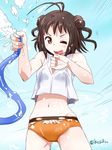  ;p alternate_costume antenna_hair brown_eyes brown_hair casual cowboy_shot double_bun holding hose ikusotsu kantai_collection looking_at_viewer naka_(kantai_collection) navel one_eye_closed open_mouth solo tongue tongue_out water wet wet_clothes 