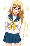  1girl :d alternate_hairstyle aqua_eyes blonde_hair glasses hayashi_custom long_hair looking_at_viewer open_mouth original pleated_skirt red-framed_glasses school_uniform senjugiku_tabane serafuku short_hair simple_background skirt smile solo standing translation_request white_background 