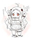  ahoge alternate_costume arms_up chibi horns kantai_collection long_hair mittens northern_ocean_hime nozarashi_satoru pale_skin red_eyes shinkaisei-kan solo translated white_hair you're_doing_it_wrong 