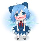  akira_b angry blue_eyes blue_hair blush bow cirno fang full_body hair_bow lowres mary_janes shoes simple_background solo touhou 