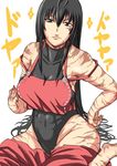  abs antenna_hair bad_hands bare_shoulders big_belly black_hair breasts brown_eyes clenched_hand dark_skin hakama hand_on_hip japanese_clothes kongari_tokei large_breasts leotard long_hair looking_at_viewer loose_clothes m.u.g.e.n navel original red_hakama samuimu scar sendai_hakurei_no_miko skin_tight solo thighs touhou 