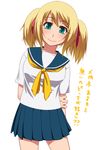  1girl aqua_eyes blonde_hair hair_ribbon hayashi_custom looking_at_viewer original pleated_skirt ribbon school_uniform senjugiku_tabane serafuku short_hair simple_background skirt smile solo standing translation_request twintails white_background 