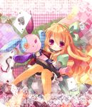  bad_id bad_pixiv_id blonde_hair bloomers card green_hairband hairband kosuzume long_hair looking_at_viewer object_hug orange_legwear original playing_card purple_eyes sitting solo stuffed_animal stuffed_bunny stuffed_toy underwear 