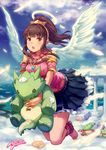  :o angel angel_wings bad_id bad_pixiv_id barefoot barefoot_sandals blue_skirt brown_eyes brown_hair carrying cloud day feathers frills halo highres jewelry kusano_shinta long_hair monster original pendant pillar pleated_skirt ponytail scarf skirt sleeveless solo stuffed_animal stuffed_toy tiara toes white_wings wings 