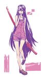  1girl akame akame_ga_kill! candy character_request katana legs lollipop long_hair night_clothes pajamas purple_hair red_eyes standing sword thighs very_long_hair weapon 