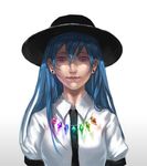  blue_hair breasts cmy collared_shirt diamond earrings ears grin hat hinanawi_tenshi jewelry lips long_hair looking_at_viewer neck necklace nose rainbow_order red_eyes shaded_face shirt short_sleeves simple_background smile squinting stud_earrings touhou white_background 