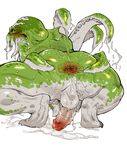  2014 anthro anus balls blush butt cephalopod crouching cum green_body green_skin male masturbation nude penis plain_background solo spread_anus spread_butt spreading squid suction_cup tentacles toto_(artist) wet white_background 