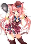  :d animal_ears black_legwear breasts cat_ears cat_tail cleavage frilled_skirt frills hat holding leaning_forward long_hair looking_at_viewer low_twintails medium_breasts open_mouth original pink_eyes pink_hair skirt smile solo spoon tail thighhighs twintails yuutsuki_hina zettai_ryouiki 