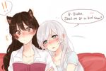  !! 2girls :/ :o animal_ears arm_hug black_hair blake_belladonna blush book cat_ears collarbone couch couple english hair_down long_hair multiple_girls nightgown open_book reading rwby shirt sorimachi-doufu speech_bubble spoken_exclamation_mark surprised weiss_schnee white_shirt yuri 