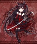  animal_ears bad_id bad_pixiv_id black_hair collar commentary_request elbow_gloves fang gloves heterochromia jitome katana long_hair original solo sword thighhighs tsukikage_nemu two_side_up very_long_hair weapon 