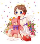  angel bad_id bad_pixiv_id barefoot blue_eyes brown_hair child dress envelope flower halo highres letter mole original phone rotary_phone shadow short_hair sitting solo stuffed_animal stuffed_toy teddy_bear wariza watch wavy_hair white_background wristwatch 