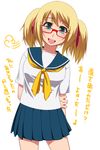  1girl aqua_eyes blonde_hair glasses hair_ribbon hayashi_custom looking_at_viewer open_mouth original pleated_skirt red-framed_glasses ribbon school_uniform senjugiku_tabane serafuku short_hair simple_background skirt smile solo standing translation_request twintails white_background 