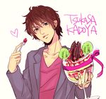  apple bad_id bad_pixiv_id brown_hair character_name chocolate commentary cup dessert food fork fruit glasses green_eyes heart holding holding_cup holding_fork jacket kadoya_tsukasa kamen_rider kamen_rider_dcd kamen_rider_decade looking_at_viewer male_focus ribbon siu_(end0004123) solo strawberry tongue tongue_out 