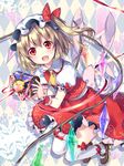  :d ascot blonde_hair bow checkered checkered_background fang flandre_scarlet frills gift hair_bow hair_ribbon hat looking_at_viewer mary_janes mob_cap open_mouth red_eyes ribbon riichu shoes side_ponytail smile solo thighhighs touhou treasure_chest white_legwear wings wrist_cuffs 
