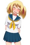  1girl :d aqua_eyes blonde_hair blush eyes_closed hair_ribbon hayashi_custom looking_at_viewer open_mouth original pleated_skirt ribbon school_uniform senjugiku_tabane serafuku short_hair simple_background skirt smile solo standing translation_request twintails white_background 