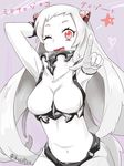  ;d airfield_hime horns ikusotsu kantai_collection long_hair looking_at_viewer navel one_eye_closed open_mouth pointing pointing_at_viewer red_eyes shinkaisei-kan smile solo translation_request white_hair white_skin 