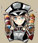  bismarck_(kantai_collection) blonde_hair blue_eyes breasts brown_background food gloves hat ice_cream ice_cream_cone iwasaki_takashi kantai_collection long_hair medium_breasts peaked_cap quadruple_scoop solo too_many too_many_scoops translation_request upper_body 