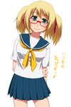  1girl aqua_eyes blonde_hair glasses hair_ribbon hayashi_custom looking_at_viewer original pleated_skirt red-framed_glasses ribbon school_uniform senjugiku_tabane serafuku short_hair simple_background skirt smile solo standing translation_request twintails white_background 