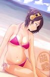  beach bikini black_hair breasts brown_eyes covered_nipples day glasses hairband highres kantai_collection kaoruchan kirishima_(kantai_collection) medium_breasts short_hair sitting solo swimsuit 