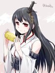  black_hair corn detached_sleeves food food_on_face fusou_(kantai_collection) hair_ornament holding ikusotsu kantai_collection long_hair looking_at_viewer nontraditional_miko red_eyes smile solo 
