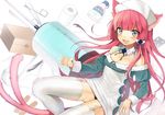  :d animal_ears bandages bare_shoulders blue_eyes blush box breasts cat_ears cat_tail cleavage fang forked_tail garters hair_ornament hat heart ichijou_kokona large_breasts large_syringe long_hair looking_at_viewer midorikawa_you multiple_tails nurse nurse_cap open_mouth original oversized_object panties pink_hair revision smile solo syringe tail thighhighs underwear white_legwear 