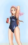  armpits blush brown_hair coca-cola competition_school_swimsuit covered_navel from_below idolmaster idolmaster_(classic) kurokuro222 long_hair looking_at_viewer minase_iori one-piece_swimsuit red_eyes school_swimsuit solo swimsuit towel wet 