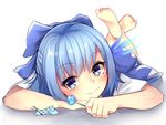  bad_id bad_pixiv_id barefoot blue_dress blue_eyes blue_hair blush candy cirno dress food ice ice_wings legs_up lollipop looking_at_viewer lying on_stomach otokuyou shirt short_sleeves smirk solo the_pose touhou wings 