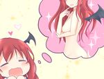  :d =_= arm_support bat_wings blush breasts chibi finger_to_chin hands_on_own_face head_out_of_frame head_wings imagining index_finger_raised koakuma large_breasts long_hair looking_at_viewer mickeysmith nude open_mouth pink_background profile red_hair sideboob simple_background smile solo sparkle thought_bubble touhou wavy_mouth white_background wings 