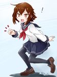  1girl :d black_legwear brown_eyes brown_hair fang full_body hair_ornament hairclip ikazuchi_(kantai_collection) ikusotsu kantai_collection loafers looking_at_viewer open_mouth pantyhose pleated_skirt school_uniform serafuku shoes short_hair simple_background skirt smile solo 