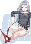  alternate_costume blue_hair casual contemporary couch deras full_body hair_ribbon kantai_collection long_hair looking_at_viewer murakumo_(kantai_collection) orange_eyes ribbon short_eyebrows short_shorts shorts sitting smile solo 