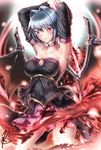  alternate_costume armpits bat_wings black_dress blush breasts choker cleavage collarbone detached_sleeves dress highres large_breasts long_sleeves older pink_eyes polearm remilia_scarlet ryuuno_stadtfeld silver_hair skirt solo spear strapless strapless_dress touhou weapon wings 