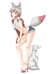  animal_ears bare_shoulders blush breasts cleavage crop_top fox fox_ears fox_tail full_body hair_ornament hairclip high_heels looking_at_viewer medium_breasts muffin_(sirumeria) navel original red_eyes short_hair short_shorts shorts silver_hair simple_background smile solo tail white_background 