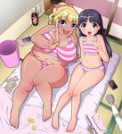  2girls black_hair blonde_hair blue_eyes blush brand_name_imitation breasts cameltoe cellphone condom fat flat_chest hitachi_magic_wand large_breasts money multiple_girls nail_polish navel obese open_mouth panties phone playstation_portable prostitution psp sarutoru sitting small_breasts smartphone smile striped striped_panties thick_thighs thighs tissue tissue_box underwear v vibrator 