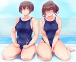  bifidus blush breasts brown_eyes brown_hair competition_swimsuit full_body hyuuga_(kantai_collection) ise_(kantai_collection) kantai_collection kneeling large_breasts looking_at_viewer multiple_girls muscle one-piece_swimsuit pool short_hair swimsuit thighs toned 