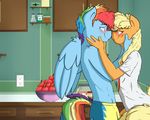  2014 anthro anthrofied apple applejack_(mlp) blonde_hair blush boop bowl chicasonic clothing couple crossgender duo earth_pony equine female freckles friendship_is_magic fruit green_eyes hair horse kitchen male mammal messy_hair multi-colored_hair my_little_pony nose_kiss pegasus pony purple_eyes rainbow_dash_(mlp) rainbow_hair shelf wings 