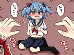  alternate_costume blue_eyes blue_hair blush covering kagiyama_hina kawashiro_nitori looking_at_viewer multiple_girls out_of_frame pov pov_hands rokunen school_uniform short_hair sitting tears touhou translation_request twintails two_side_up wariza 