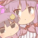  :&lt; ahoge black_eyes chibi crescent crescent_hair_ornament hair_ornament hair_ribbon hat hazuki_ruu long_hair lowres multiple_persona open_mouth parody patchouli_knowledge puchimasu! purple_hair ribbon touhou triangle_mouth 