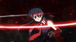  akame akame_ga_kill! bare_shoulders black_hair breasts highres katana long_hair necktie petals pitecube red_eyes skirt sleeveless solo sword vambraces very_long_hair weapon 