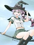  :d broom brown_eyes hair_ornament hair_ribbon hat ikusotsu kantai_collection long_hair open_mouth pleated_skirt purple_hair ribbon riding side_ponytail sidesaddle skirt smile solo wind witch_hat yura_(kantai_collection) 
