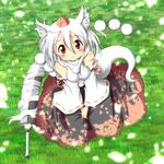 animal_ears bare_shoulders detached_sleeves from_above grass hat hat_ribbon highres inubashiri_momiji long_sleeves meitou_muku red_eyes ribbon shirt silver_hair sitting skirt smile solo sword tail tokin_hat touhou v_arms wariza weapon wide_sleeves wolf_ears wolf_tail 