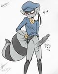  2014 anthro balls big_penis blush bottomless dullvivid erection looking_at_viewer male mammal one_eye_closed penis raccoon sly_cooper sly_cooper_(series) smile solo vein veiny_penis wink 