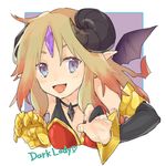  :d ahoge armlet bare_shoulders bat_wings biscuit_x blonde_hair blue_eyes blush bracer character_name collarbone demon_girl demon_horns forehead_jewel gauntlets heart horns leaning leaning_forward looking_at_viewer lowres multicolored multicolored_eyes open_mouth pointy_ears purple_eyes puzzle_&amp;_dragons smile solo text_focus wicked_lady_(p&amp;d) wings 