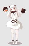  ahoge anklet bare_shoulders barefoot dress flying_sweatdrops full_body horns jewelry kantai_collection long_hair looking_at_viewer mittens northern_ocean_hime open_mouth orange_eyes shinkaisei-kan sobatto_(fortis-931) solo v_arms white_dress white_hair white_skin 