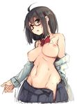  1girl areolae artist_request bare_shoulders belly bow bowtie breasts brown_eyes brown_hair durarara!! glasses medium_breasts neck no_bra puffy_nipples shirt short_hair sketch skirt solo sonohara_anri source_request sweat underboob undressing 