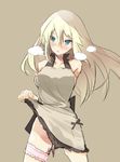  alternate_costume apron apron_lift bismarck_(kantai_collection) blonde_hair blue_eyes breasts brown_background cowboy_shot iwasaki_takashi kantai_collection large_breasts long_hair naked_apron pussy_juice sideboob solo vibrator 