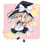  akira_b apron blonde_hair bow grin hat hat_bow kirisame_marisa long_hair mary_janes shoes smile solo star touhou waist_apron white_bow witch_hat yellow_eyes 